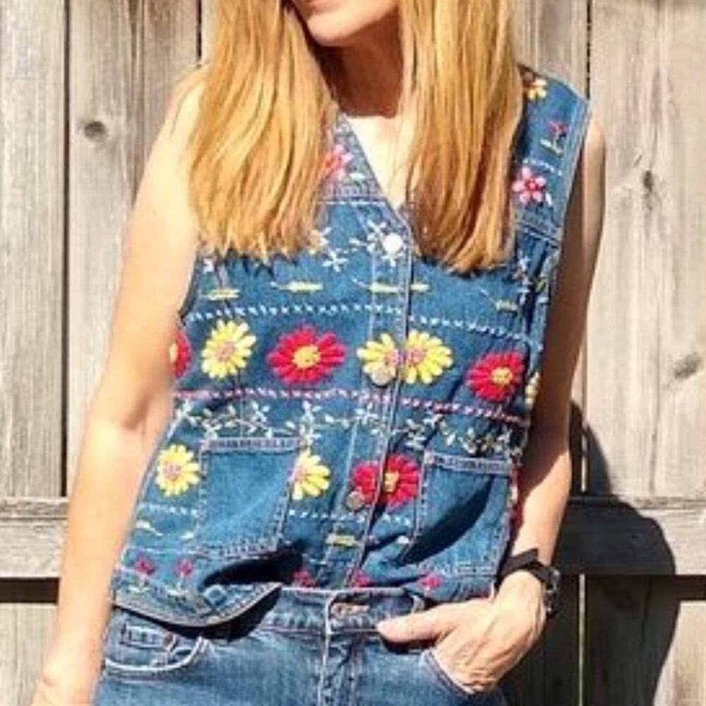 VTG SUSAN BRISTOL Floral Embroidered Denim Vest  Hippie Boho Festival  SZ L - Picture 2 of 13